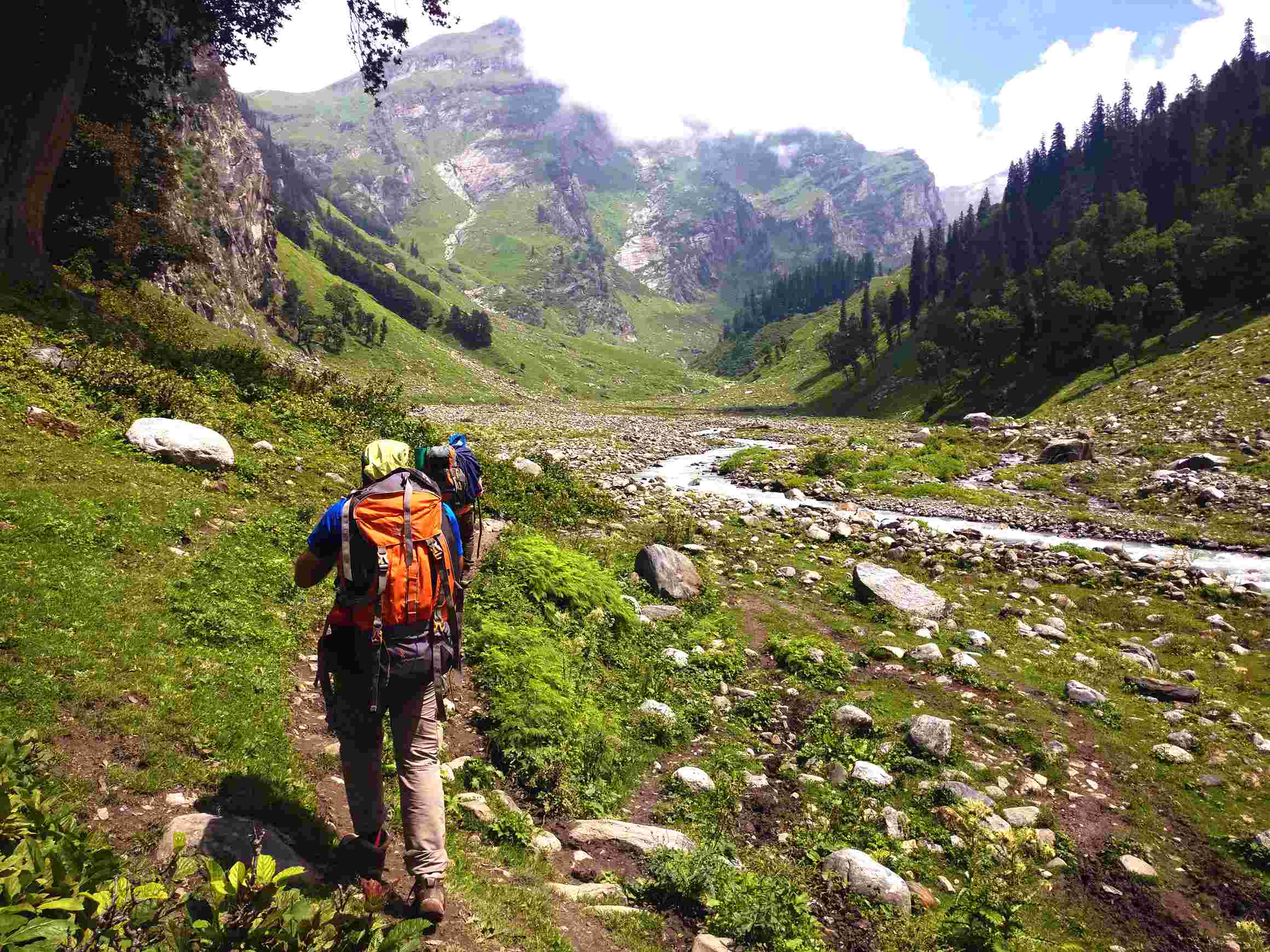 Trekkers carrying backpack walking along the trail surrounded by massive mountains overed with pine tree under the blue colour sky