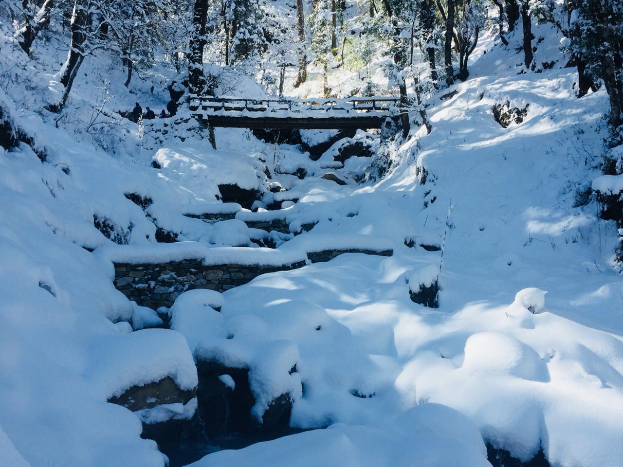 kedarkantha trek snow wooden bridge